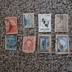 Argentinian Postage Stamp Set in Red, Blue, and Brown